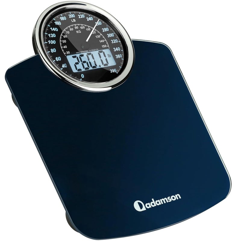 Adamson Hybrid 2-in-1 Analog & Digital Weighing Scale for Body Weight up to 400lbs - Thick Tempered Glass - Extra Large Display - Easy to Read Digital Bathroom Scale - Blue with Black Backlight - Image 1